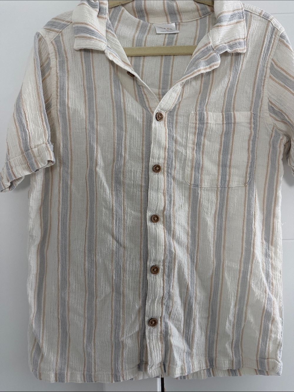 Kids Short-Sleeve Button-Down Shirt in Cream Stripe